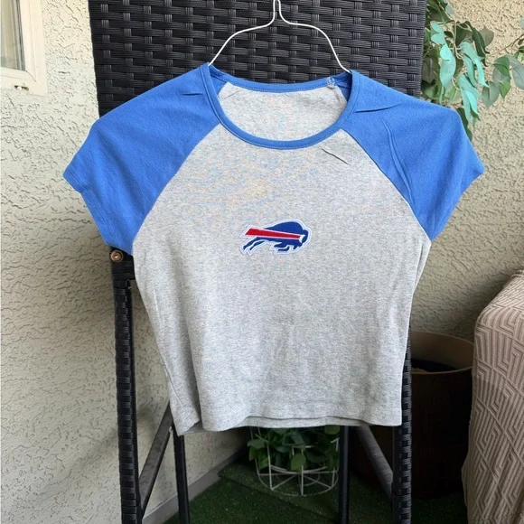 Blue and Gray Raglan T-Shirt, Buffalo Bills crop top, Football top - Picture 2 of 2